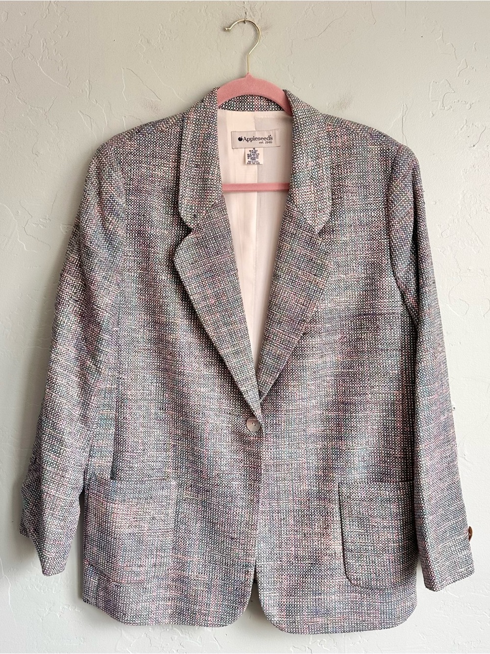 Vintage Appleseed's Pastel Tweed Blazer Jacket 100% Silk Women’s Size 14 EUC